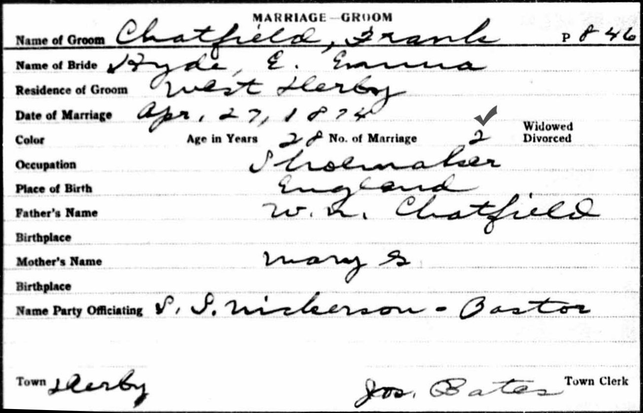 CHATFIELD Frank - E Emma Hyde marriage 1874.jpg